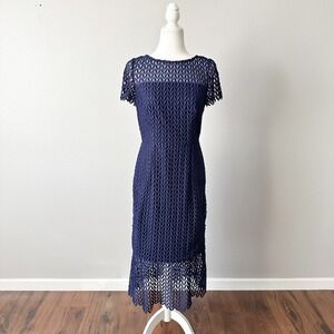 Kay Unger Tatum Navy Blue Leaf Open Crochet Illusion Midi Dress Women's Size 6